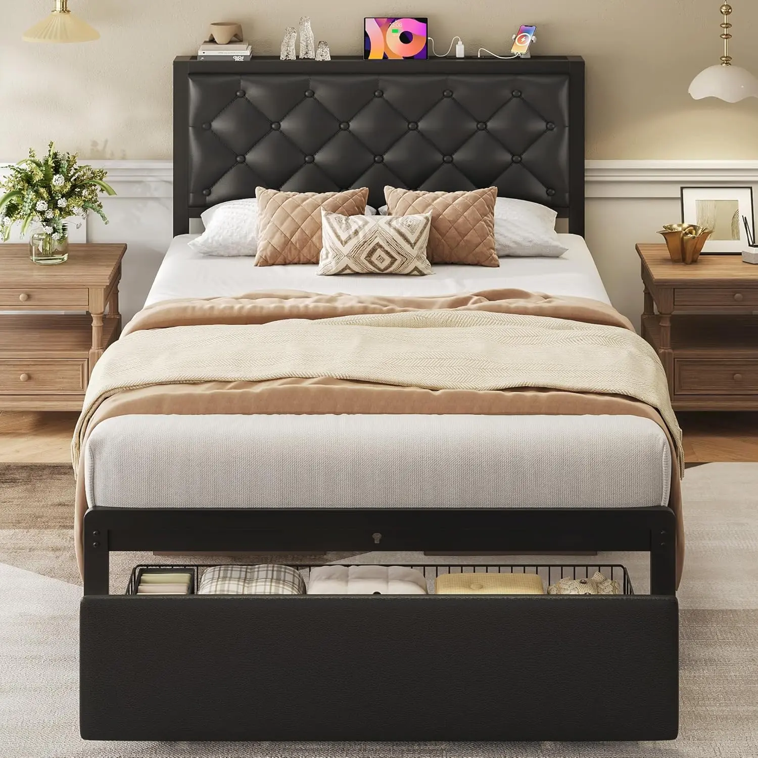 Black Twin Upholstered Metal Bed Frame with Button-Tuft Headboard, All-Metal Structure, Storage Drawer, Charging Station, Noise-Free Design, No Box Spring Needed, Curved Edges, Self-Assembling for Indoor Furniture, Twin Bed, Metal Bed Frames