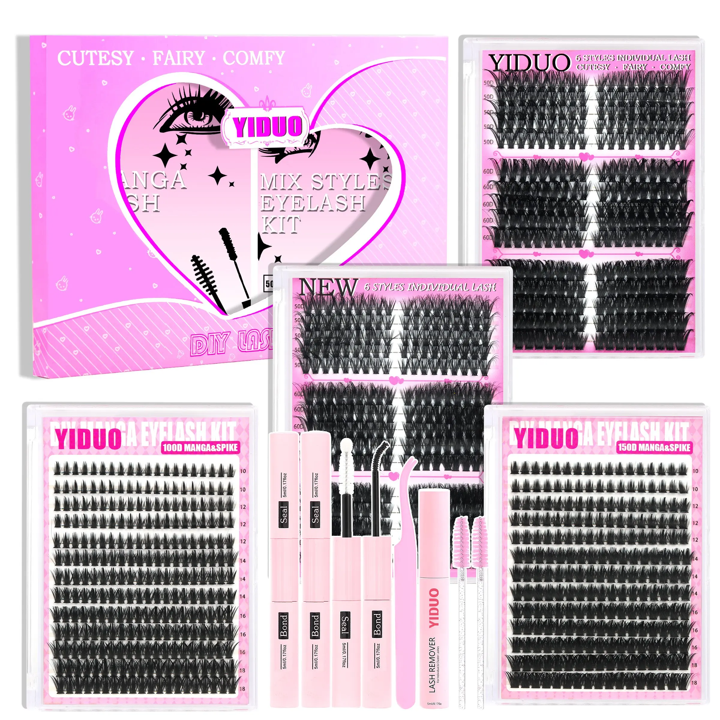 YIDUO 8Styles Eyelash Clusters Extensions Kit 50D/60D/80D/100D/Manga Spike/Volume 10-18mm Cluster Eyelash Extension Kit 751 Pcs D-Curvature, D Curl Lashes With Lash Bond and Seal*2, Lash Remover, Lash Tweezers, Brush, Eyelashes Extensions Kit