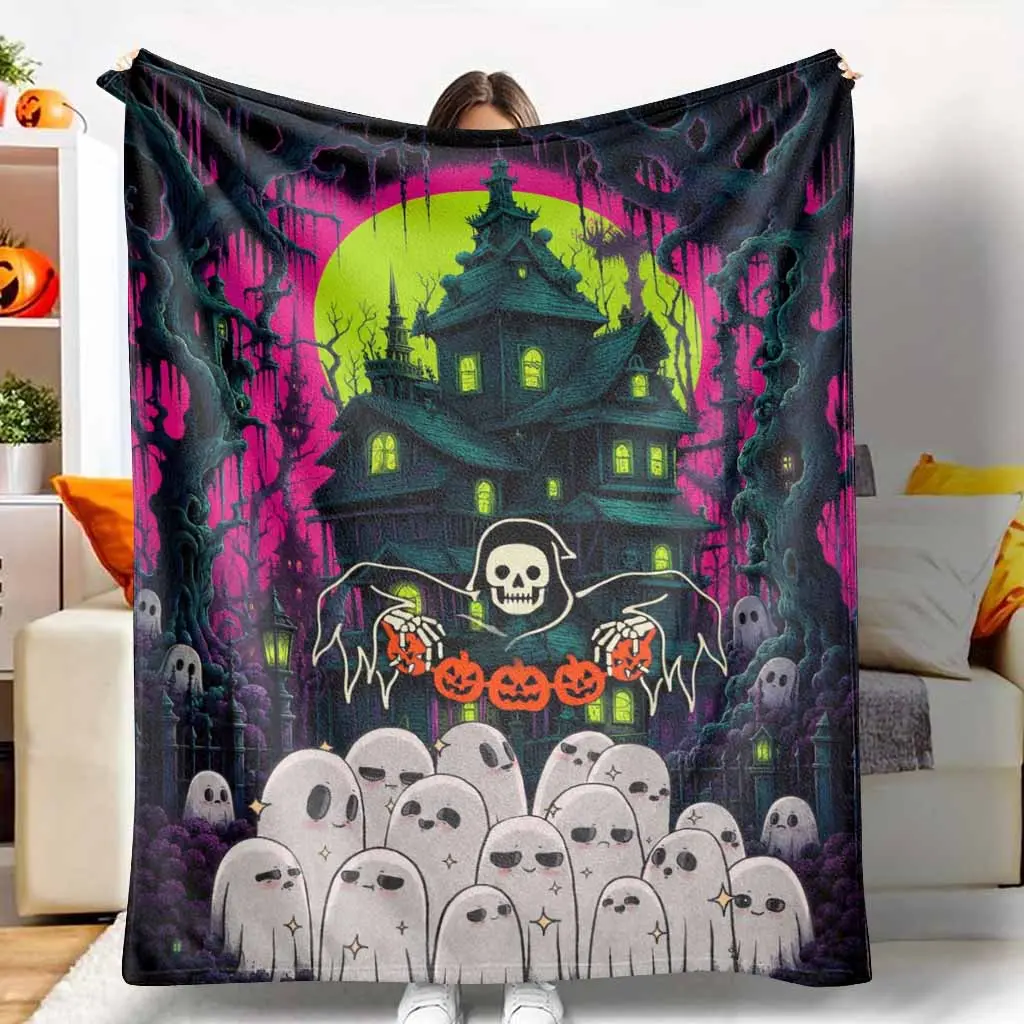 Halloween Haunted House Flannel Throw Blanket, Ghost & Pumpkin Print, Soft Cozy Warm Plush Lightweight, Wrinkle Resistant Breathable Durable, 60x80in Large Size for Adults, Decorative for Bedroom Sofa, Festival Gift Home Decor, 60*80Inch（Large Size For Ad