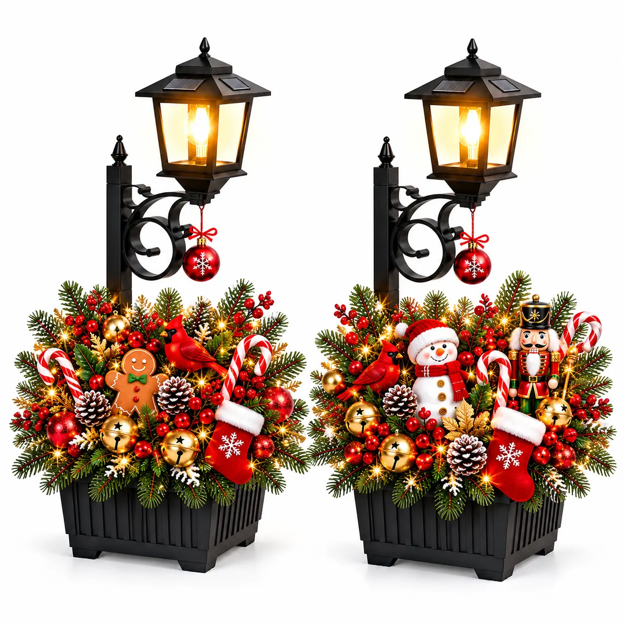 Hoodink 1/2 Pcs 2-in-1 Planter + Light Solar Lamp Post, Outdoor Waterproof Solar Garden Lights, Auto-On Sensor, IP44 Rating Handles Outdoor Weather, Mounts on Wall-Spikes-Flat Surfaces, Bulb-Swap Compatible, Christmas Decor with Drain Hole,home decor