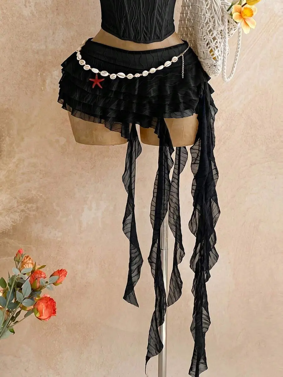 Women's Low Waist Mini Skirt Tiered Asymmetric Hem Ruffle Beach Vacation Holiday Casual Skirt