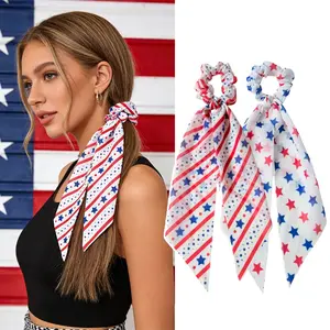 New 2Pcs 4th of July Stars & Stripes Chiffon Scrunchies for Women, Patriotic Long Tail Hair Ties with Ribbon, Elastic Ponytail Holders for Independence Day, Holiday Party, Parades, Celebrations and Daily Hair Decor