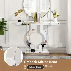 43-Inch Mirrored Console Table With O-Shaped Base, Modern Entryway Table Glass Sofa Table With Mirror Finish, Rectangle Narrow Accent Foyer Table For Living Room Hallway Entrance (Silvery)