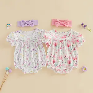 Babamoon Newborn Infant Baby Girls Romper Outfits Flower Print Short Sleeve Onesie Bodysuit and Headband Summer Clothes Set 0-18 Months