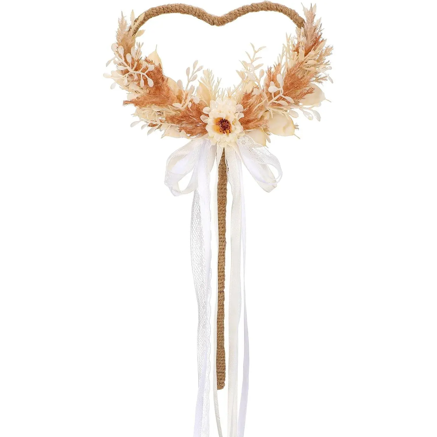 Flower Girl Wand - Magic Floral Wand with Heart and Ribbon for Woodland Wedding or Bridal Shower
