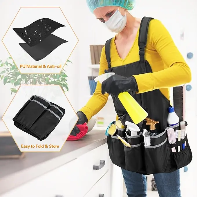 Large Cleaning Apron with Dual Shoulder Straps, House Cleaning Apron with Multiple Pockets for Housekeeping Work Supplies, Water-resistant Cleaning Caddy Apron for Women & Men (Apron Only)