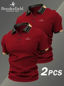 Two-Piece Hh4305 Classic Brooksfield Geometric Print Men's Polo Shirt Set, Elastic Casual Breathable All-Season Comfortable High-End Polo