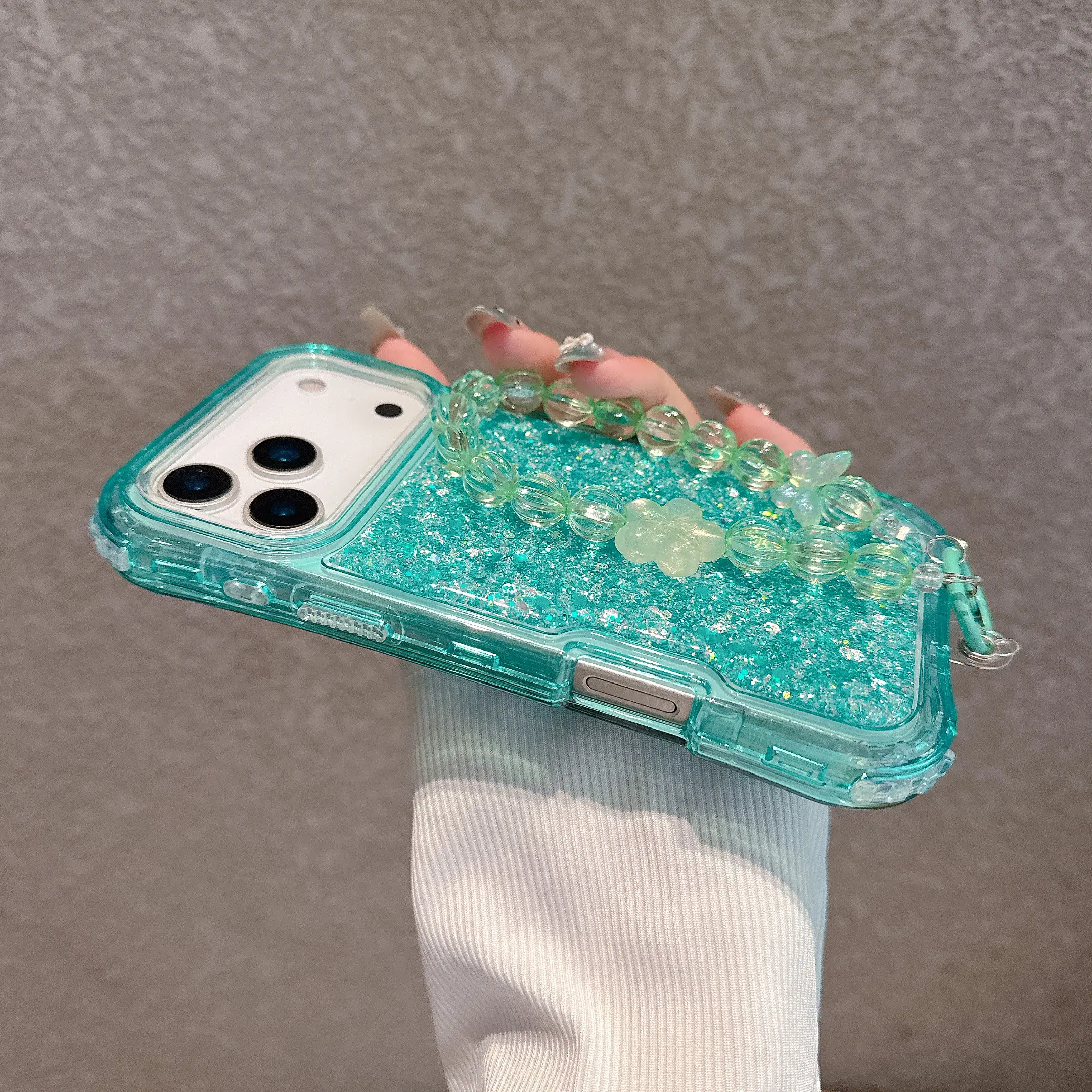 HISTORYOO Defender 3 In 1 Dual Layer Case For iPhone 17 Pro Max 16 15 14 13 12 11 4-Corner Air Protection Candy Color PC Hybrid ResinCasting Glitter Soft Translucent + Beads Bracelet Small-Waist-Design Shockproof Bumper Luxury Protective Cover Phone Strap