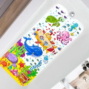 1pc Ocean Theme Long Bath Mat with Suction Cups 16*40inch/40x100cm, PVC Cartoon Non-Slip Shower Mat, Bathroom Decorative Mat Fast Drainage Safety Mat for Bathroom Pool Gym Home Decor