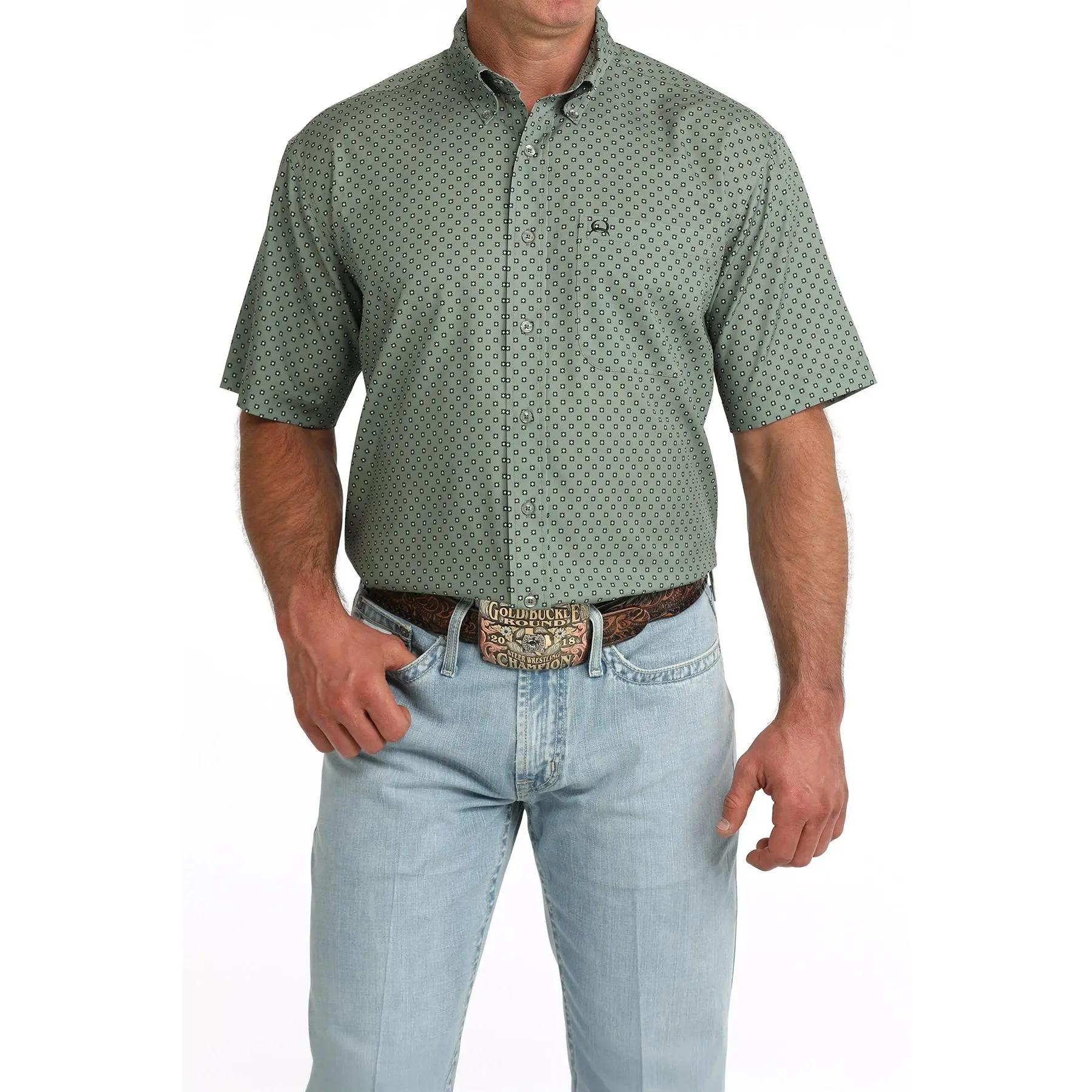 Cinch Men's ArenaFlex Olive Green Geometric Print Short Sleeve Button Down Shirt