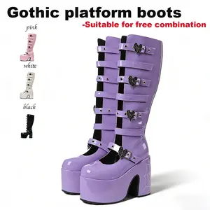 Women’s Patent Leather Platform Boots High Top Cutout Multi Buckle Heart Decor Goth Y2K Edgy Footwear for Party Stage Casual Wea