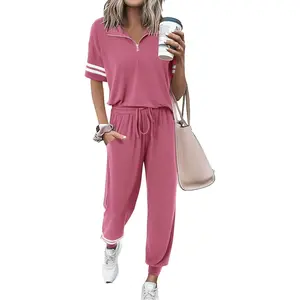2 Piece Outfits for Women 2026 Summer Casual Quarter Zip Short Sleeve Tops Long Pants Tracksuit Jogger Lounge SetsGift