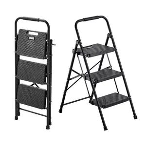 VEVOR 3 Step Ladder, Folding Step Stool with Wide Anti-Slip Pedal and Comfort Handgrip, Lightweight 600 lbs Capacity Portable Steel Ladder, Multi-Use for Kitchen, Home, Household and Office, Black