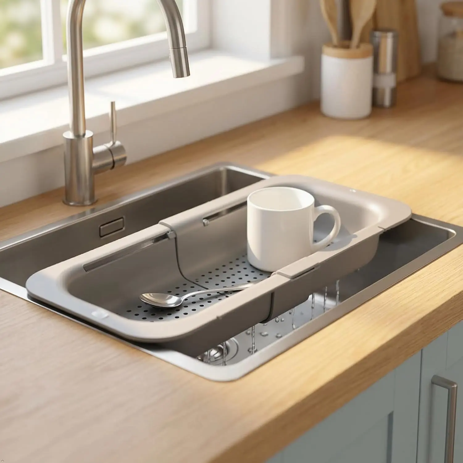 Expandable Over the Sink Colander, Adjustable Kitchen Strainer Basket for Washing Vegetables, Fruits & Draining Pasta, Space Saving Retractable Sink Drainer Bowl for Drying Dishes. Multi-Purpose Home & RV Kitchen Sink Accessories & Gadgets Essentials