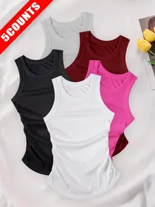 Women's Sporty Vest Casual Running Breathable Quick-Dry Side Straps Elastic Band Round Neck Ribbed Vest Suitable for Summer Daily Wear Sports Vests