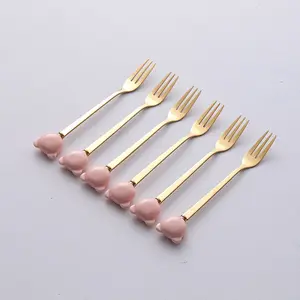 Ceramics bear Fruit Fork Dessert Forks Set of 6, Stainless Steel 5.9“ Cake Fork for Cocktail, Dessert, Cake, Tea, Fruit, Cheese, Appetizer Small Forks for Party, Hotel, Restaurant, Cafes