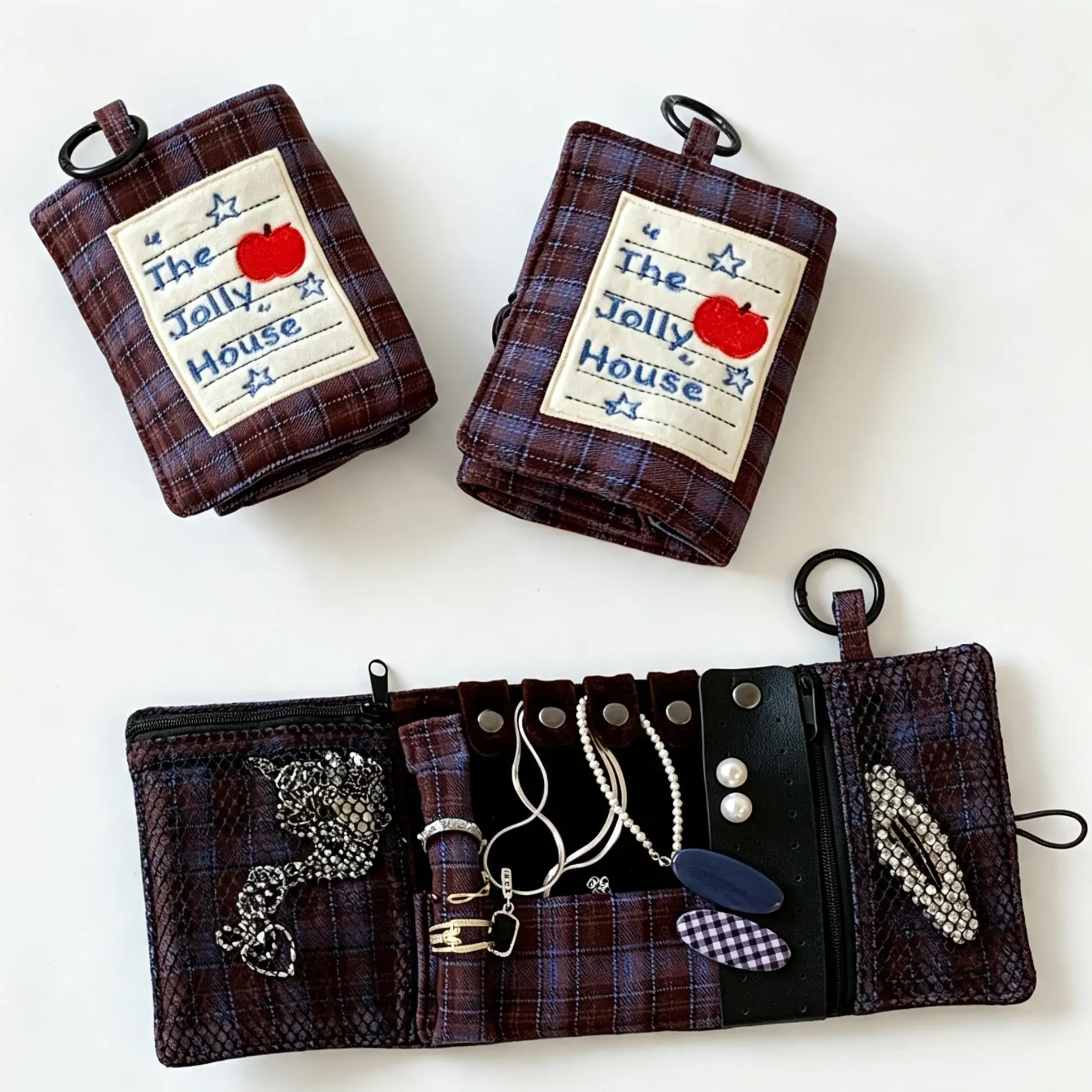 Vintage Plaid Portable Jewelry Storage Roll Case, Travel Bag for Earrings Necklaces Hair Clips
