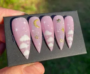 Pink cloud star moon rainbow irredentist shimmer press on nails-styled in long stiletto