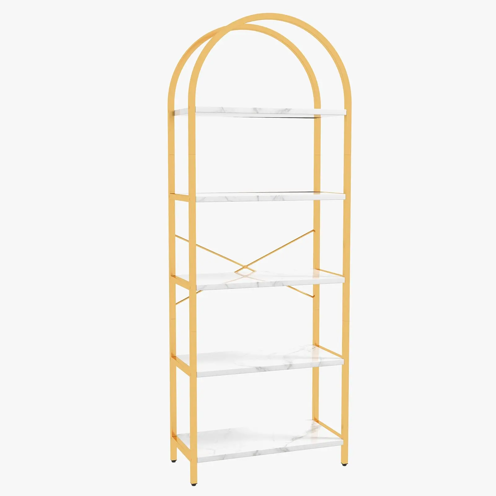 Garvee and Garvee 5-tier arched metal frame bookshelves with tall, open industrial-style design for bedrooms, living rooms, offices, and home spaces, available in brown, white/gold, and black finishes