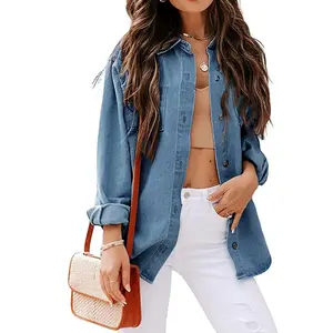 Ladyful Women's Oversized Denim Shirt Shacket Long sleeve Jean Jacket Coat