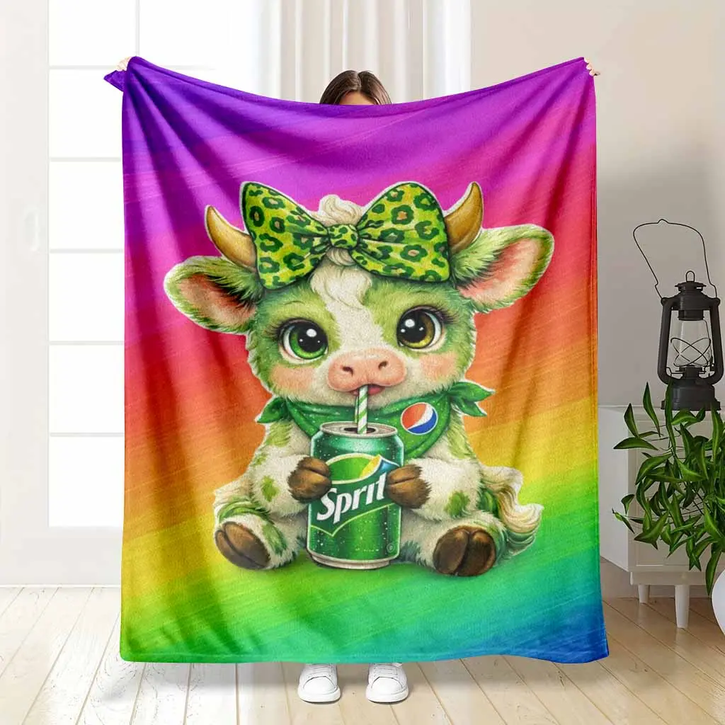 Cute Green Cow Flannel Blanket Leopard Bow Green Soda Print Vibrant Rainbow Soft Warm Lightweight Fleece Throw Cozy Bedding, Wrinkle Resistant, 30*40Inch（Small For Babies）