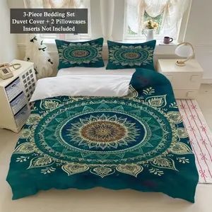 Bohemian Mandala Duvet Cover Set, 3 Piece Spiritual Zen Bedding Set with Pillow Shams, Yoga Home Decor, Boho Bed Set