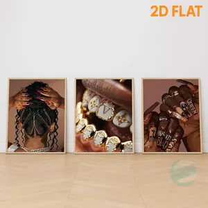 [2D Flat Printing] 3pcs/set "Luxury Gold Teeth Wall Art Poster, Unique Bling Canvas Painting, Modern Fashion Wall Decor for Living Room, Bedroom, Office, Chic Home Decorations for Trendy Spaces", Unframed