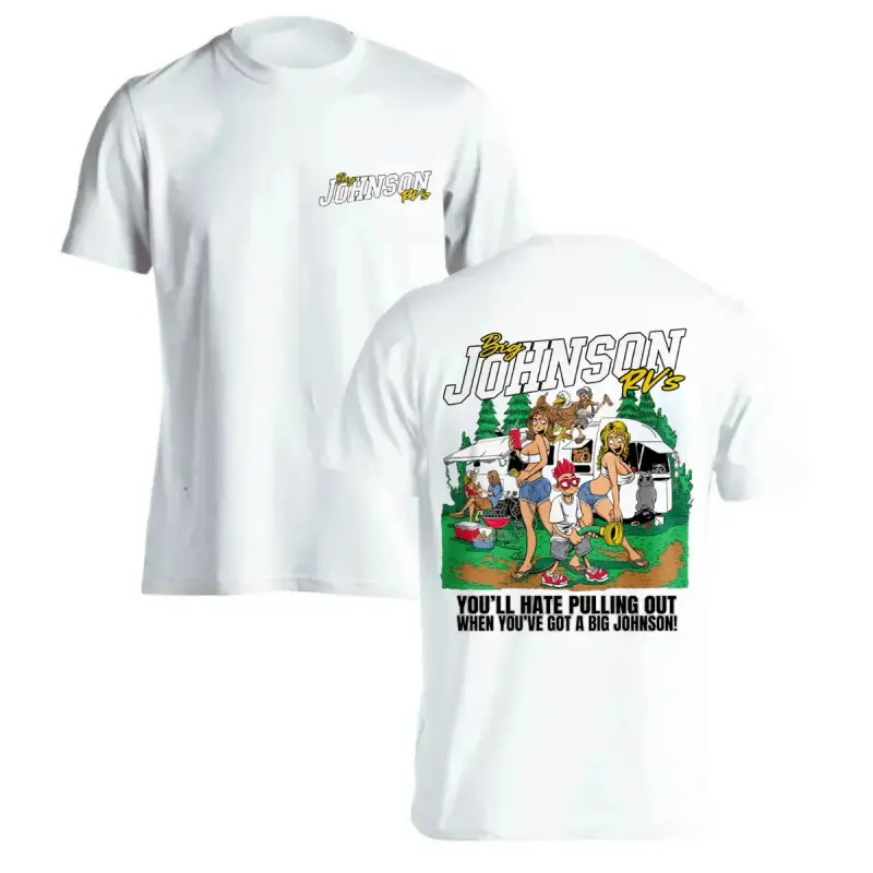 Big Johnson RVs Shirt 2-Sided, Vintage Camping Graphic Tee, Soft Cotton Blend Shirt, Retro RV Life Humor Apparel for Men Women, Gift for Camper, Traveler, Dad, Husband, Gift Ideas