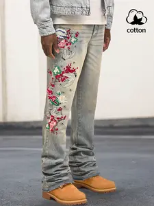 Men's Floral Embroidery Denim Jeans, Slim-Fitting High Street Hip-Hop Pants, Casual Daily Wear, Button Fly Closure, All Seasons