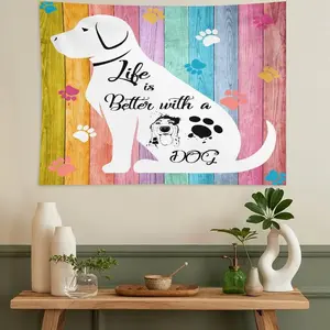 Cute Dog Tapestry Wall Hanging Kids Animal Wood Plank Child Country Farmhouse Footprint Pet Tapestries Home Decor for Living Room Bedroom Apartment Farmhouse Dorm 30"x40"