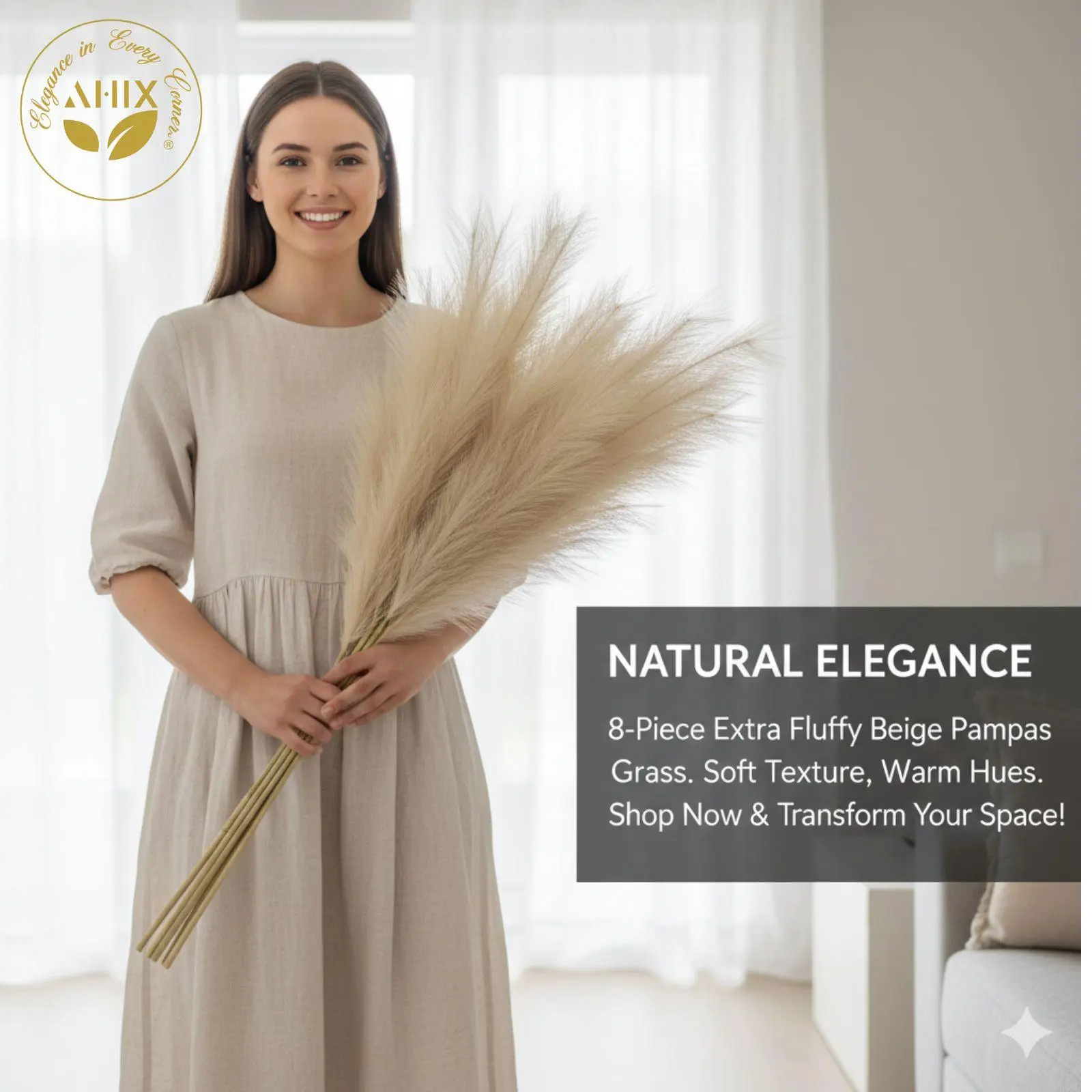 AHIX 8-Piece 38-in Tall Faux Silk Pampas Grass Stems - Faux Plants, Indoor Plants, Floral Decor, Daily Boho Table Style Vase Arrangements, Home Supplies
