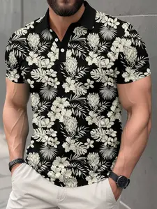 Men's Business Classic Smart Casual Collared Fitted Knit Tropical Floral Print Short Sleeve Polo Shirt Chic Fashion Casual