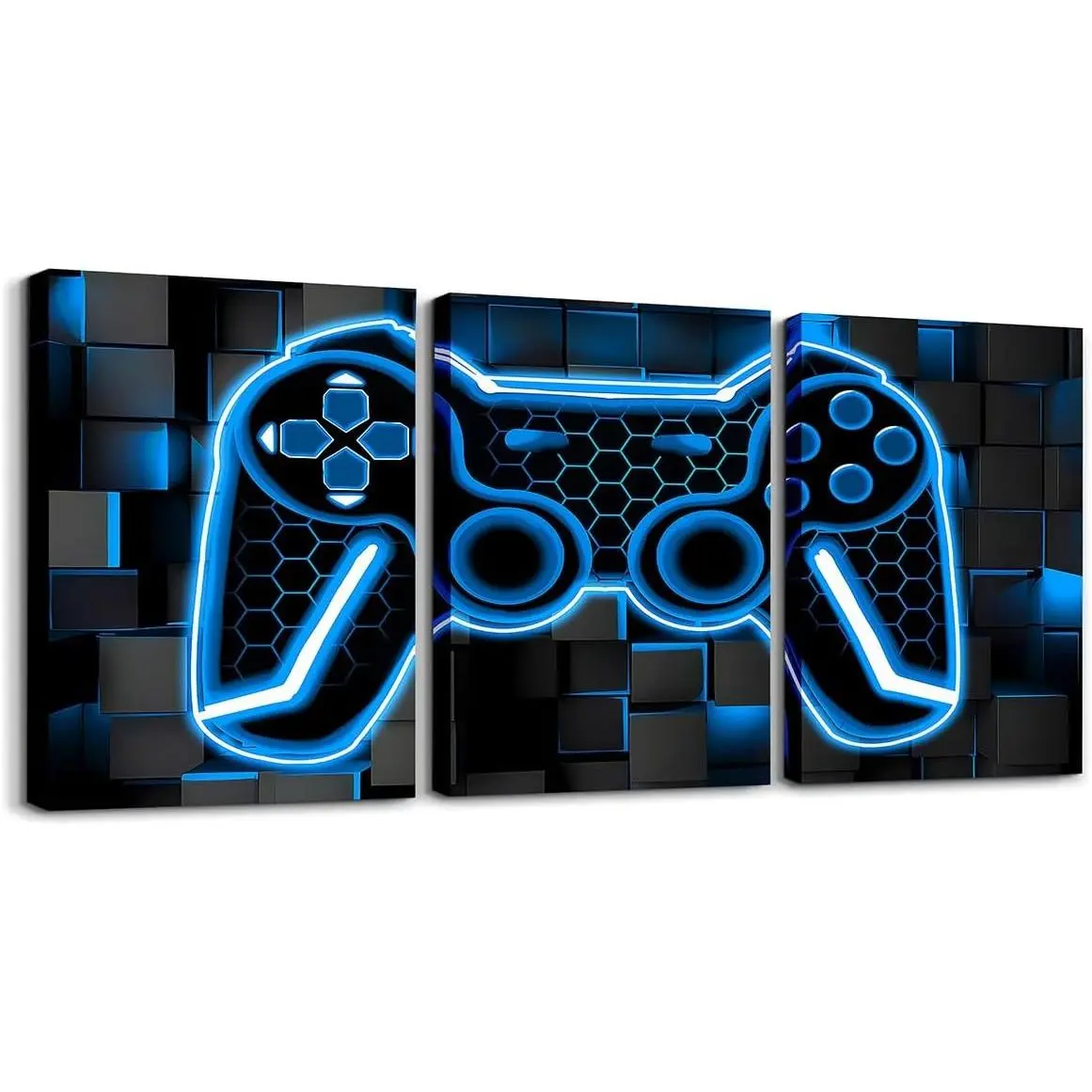 Feelyou Retro Gamer Canvas Wall Print - 12"x16" 3-Piece Eco-Friendly Wood-Framed Hanger, Artistic Modern Geometric Honeycomb Game Controller with Lighting, Flower & Landscape Accents, Ideal for Bedroom Home Decor, Thanksgiving Day Gift, Easy to Hang