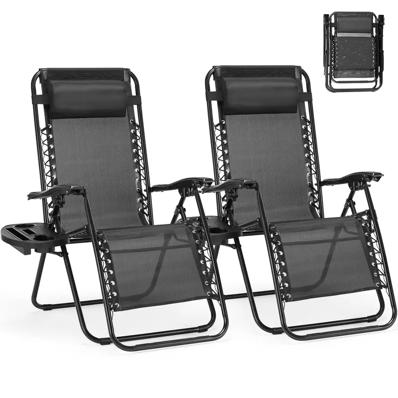 Set of 2 Zero Gravity Chairs with Cup Holder Trays, Camping Patio Outdoor Folding Lounge Chairs, Adjustable Pillow, Poolside Accessory