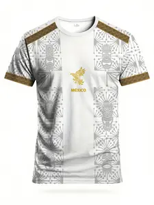 Men's Mexican Football Shirt, Sports Jersey, Stylish Jersey, Eagle Round Neck Comfortable Breathable Top, Face Statue Print, Sports Wear for Training & Casual Use