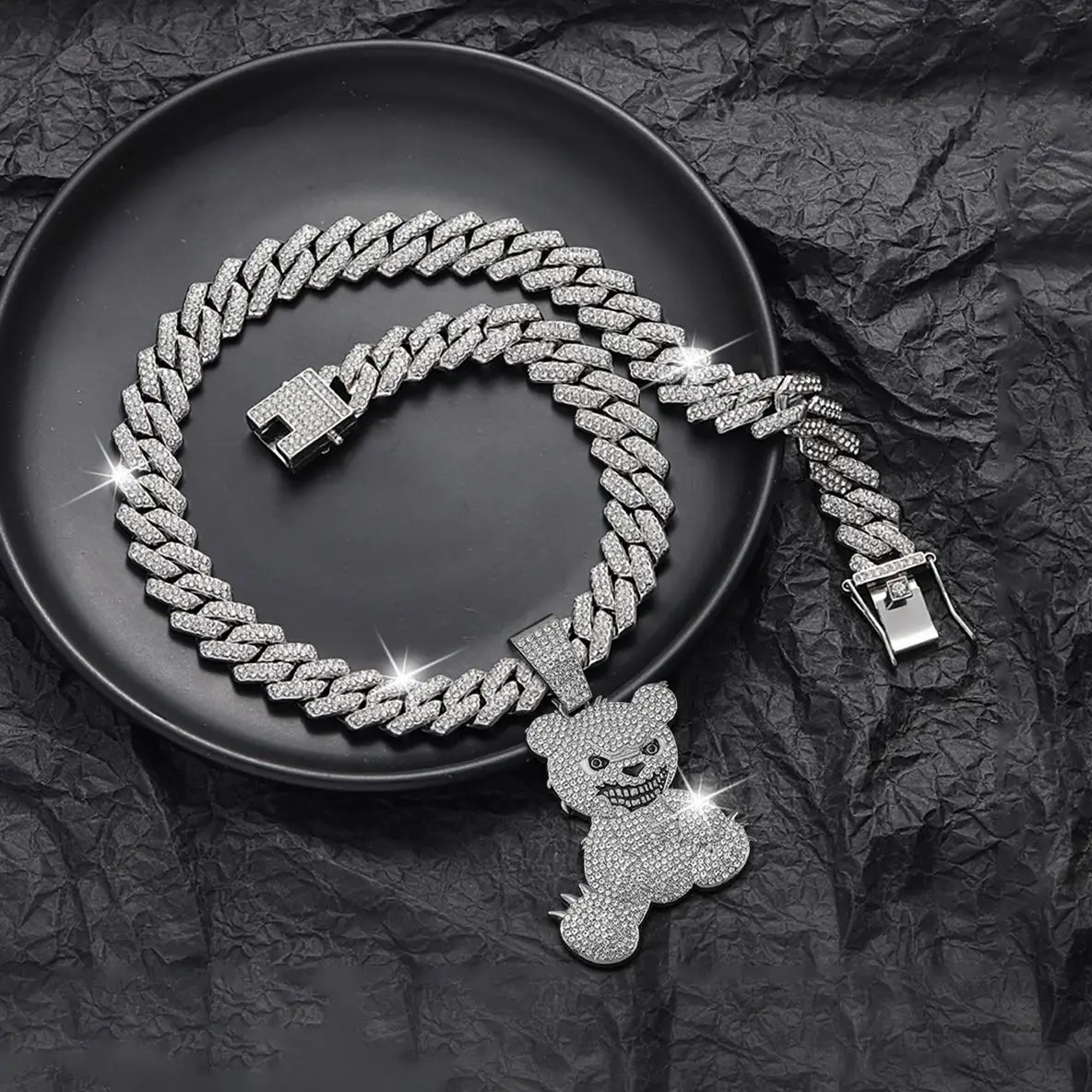 Hip Hop Bear Pendant Cuban Chain Necklace Rhinestone Shiny Unisex Fashion Street Jewelry for Party Festival Date Birthday Gift