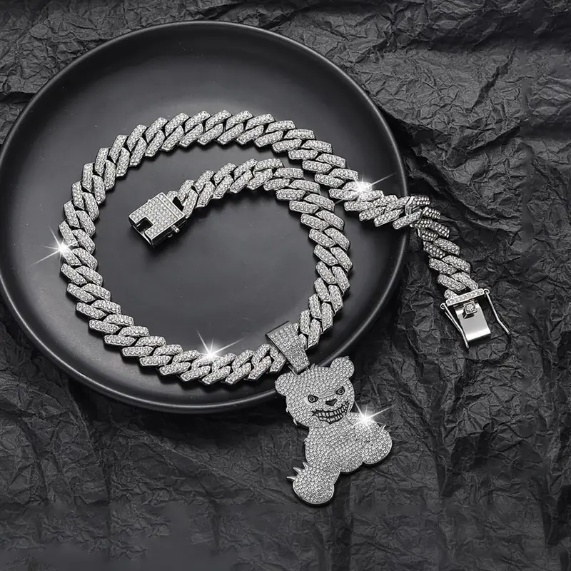 Hip Hop Bear Pendant Cuban Chain Necklace Rhinestone Shiny Unisex Fashion Street Jewelry for Party Festival Date Birthday Gift