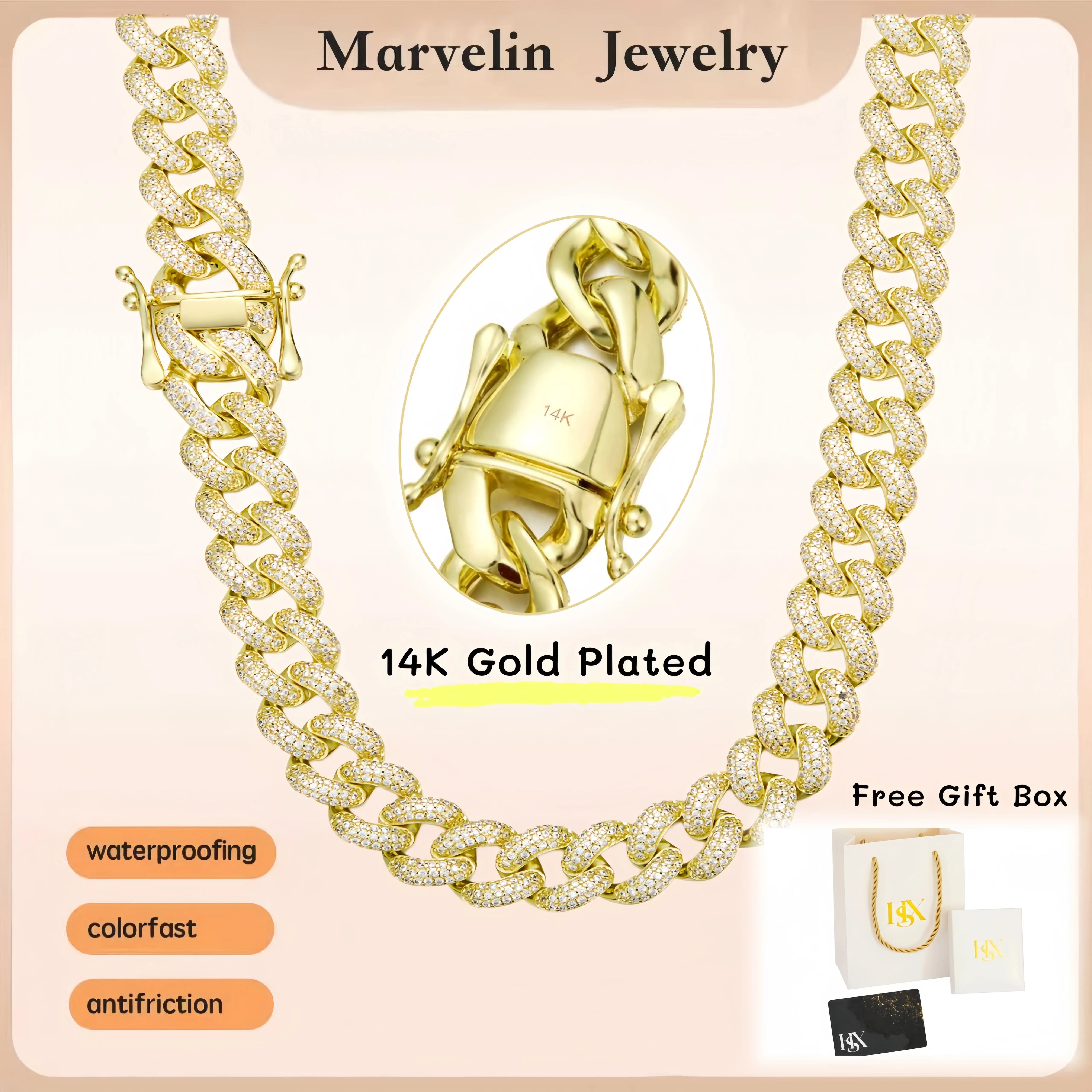 2026 New Arrival: 14K Gold-Plated Cuban Chain Necklace and Bracelet, Miami-Style 12mm Zirconia Lobster Clasp, Set with Moissanite, Rust-Proof and Water-Resistant, Fade-Resistant, The Perfect Hip-Hop-Style Jewelry Gift