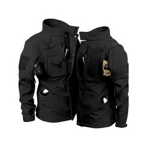 Men's Outdoor Hiking Multi-Pocket Tactical Jacket, Military Windproof Shark Skin Soft Shell Stand Collar Jacket, Winter Fleece-Lined Multi-Functional Warm Sports Coat