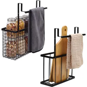 2 Pack Carbon Steel Over Cabinet Door Organizer with Towel Bar - Under Sink Kitchen Cabinet Storage for Cutting Board Baking Sheet Foil Plastic Wrap