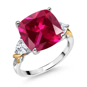 8.95 Cttw Red Created Ruby White Moissanite and Diamond Ring For Women | 925 Silver and 10K Yellow | 12MM Cushion and 5MM Trillion | Wedding Engagement Anniversary Ring For Women