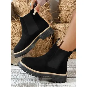 Women's Fall Winter PU Leather Chelsea Boots, Plain Round Toe Ankle Booties, Comfortable Rubber Sole, Fashionable Casual Shoes, Work Ankle Boots
