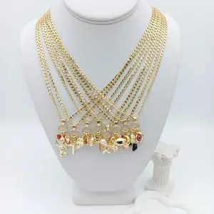 Yordy Cuban Chain with Charm Trendy Multi-Charms Necklace 14k Gold Plated High-Quality Fashion Cross Pendant 3mm Wide 20" Long Unisex Jewelry for Daily Wear