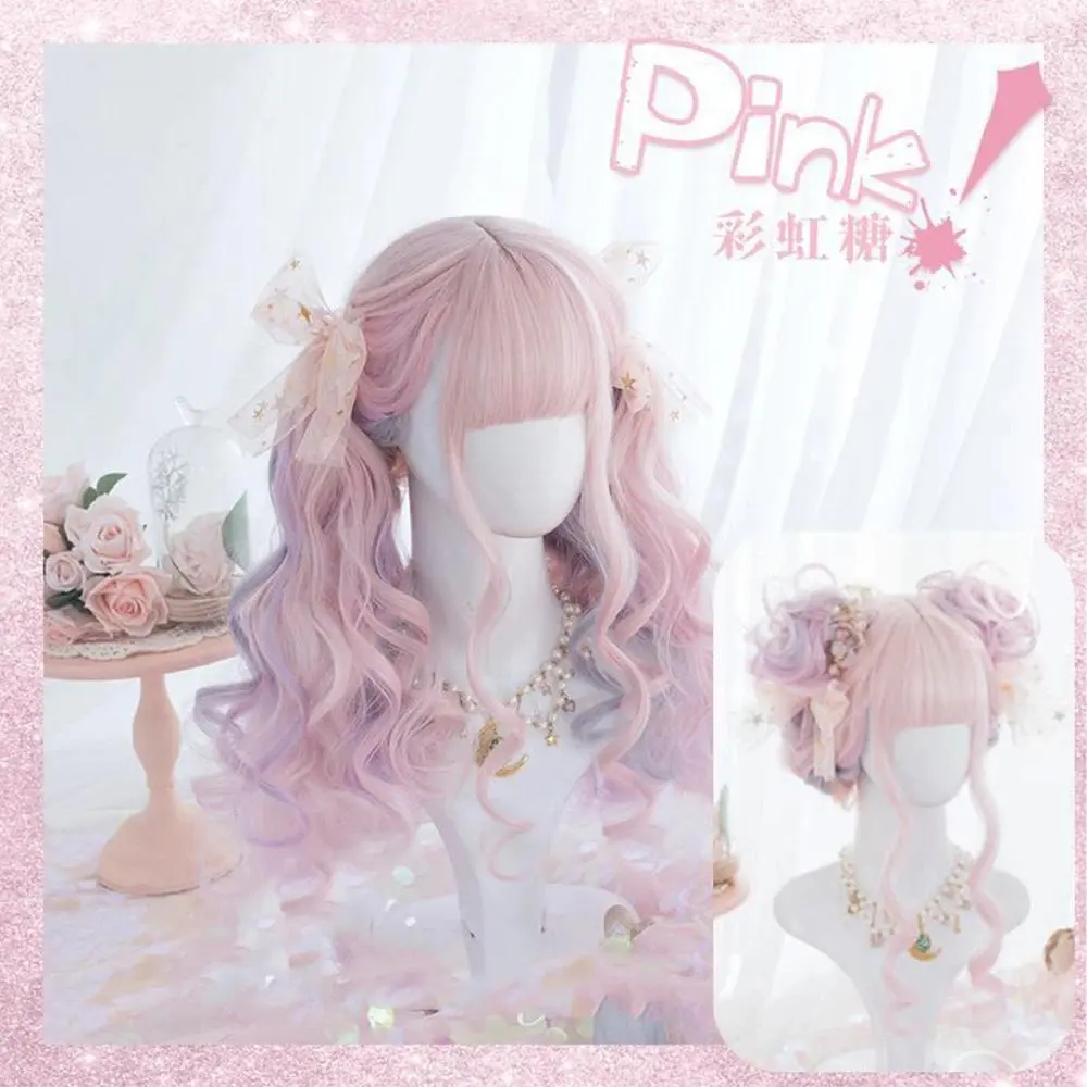 OLACARE Peach Pink Color Synthetic Wigs With Bang Long Natural Wavy Hair Wig for Women Daily Use Cosplay Heat Resistant