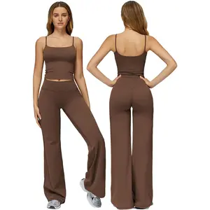 Womens Workout Sets 2 Piece Spaghetti Straps Crop Top Straight Leg Yoga Pants Yoga Pilates Outfits