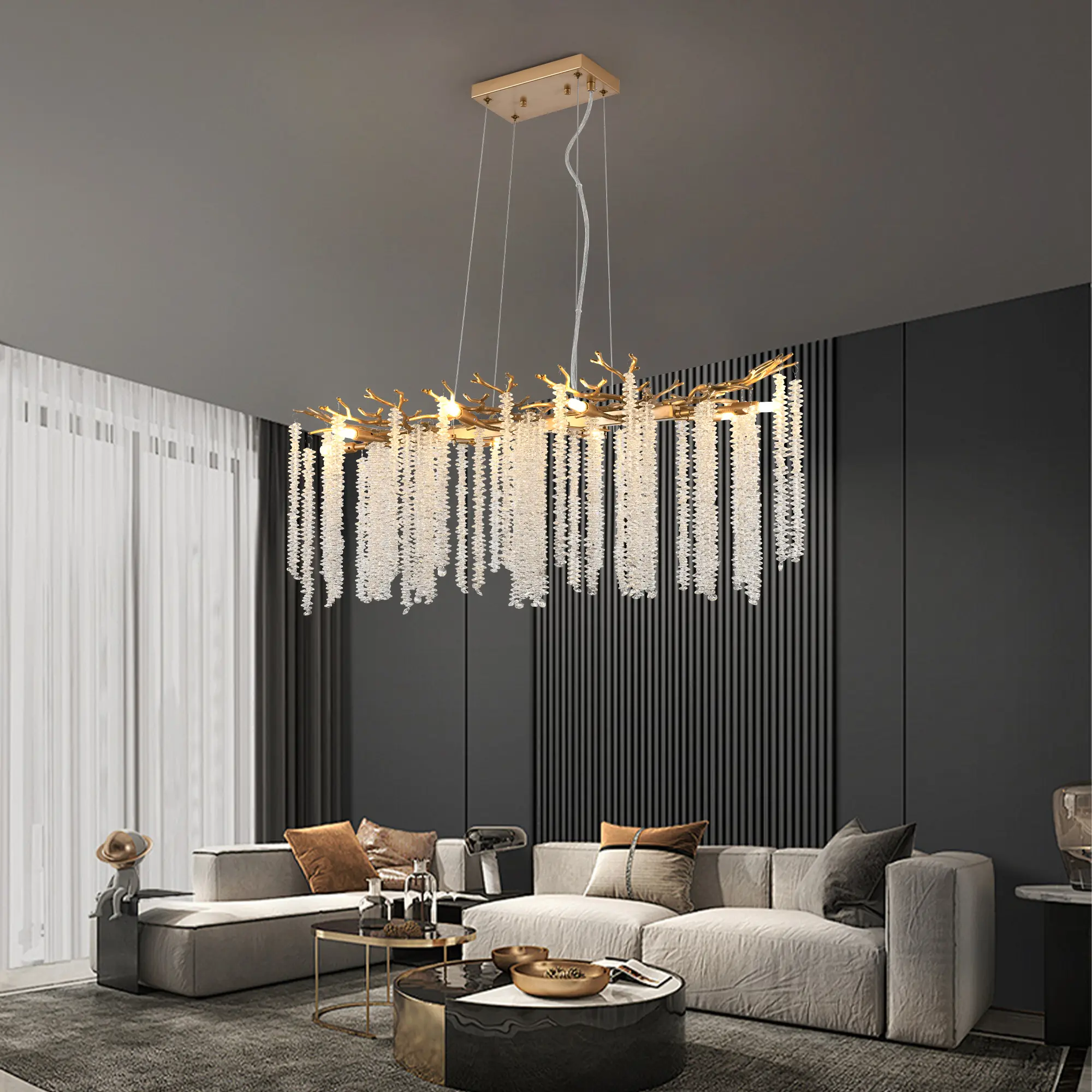 Luxury Gold Wisteria Faceted Crystal Chandelier - Adjustable Height Ceiling Lighting, Decorative Indoor Lighting for Villas, Foyers