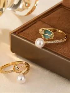 Faux Pearl & Tulip Decorated Ring, Fashion Rings, Fashion Accessories for Women & Girls, Trendy All-match & Exquisite Jewelry for Birthday Gift