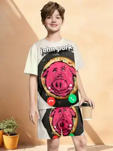 Boys' 3D John Pork Funny Phone Interface Short Sleeve Set, Perfect for Parties, Holiday Gifts, Birthday Presents, Meme Clothing, Teen Meme