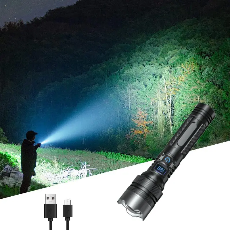 Qawtor 2-in-1 Strong Rechargeable Flashlight-Power Bank with Digital Power Display, Zoomable, 4X Waterproof, Adjustable Brightness, USB Port, Lithium Ion Batteries, Camping Accessories (Black)