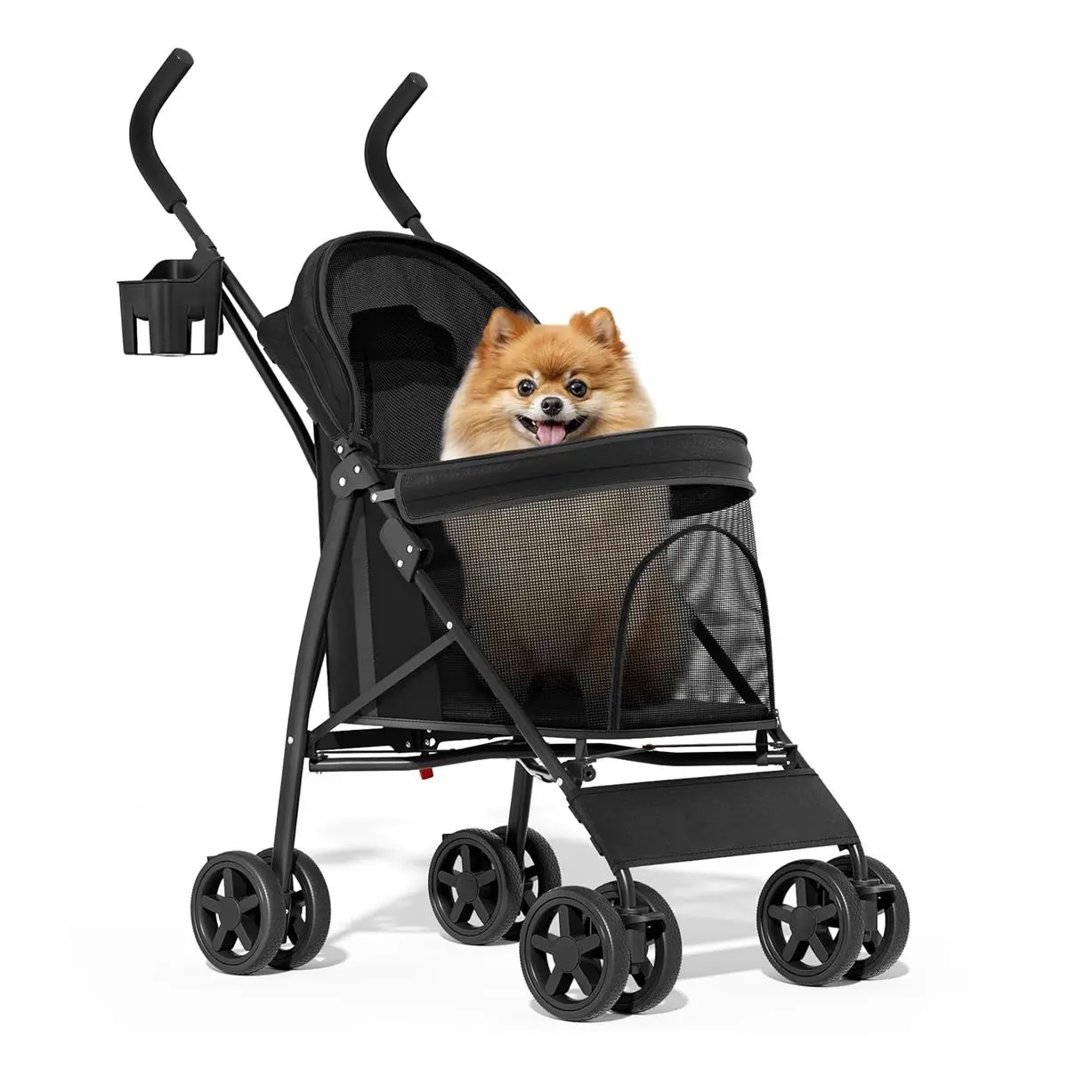Foldable Frame Pet Stroller for Small Dogs & Cats, Breathable Mesh Fabric Carrier with Adjustable Canopy, 360° Wheels, Rear Locks, Safety Tethers, Easy Maneuvering & Storage Bag